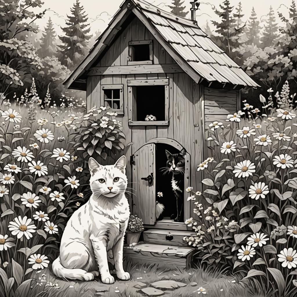 Charming Doodle Sketch of Cat and Dog's Outdoor Hut