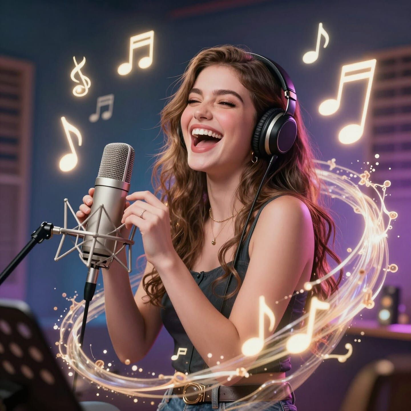 Ecstatic Girl Sings with Glowing Musical Notes