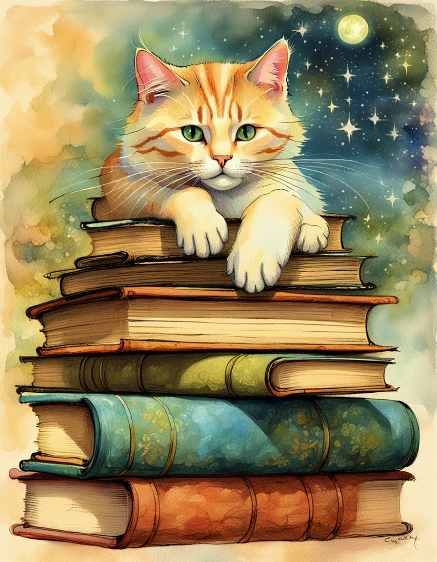Whimsical Cat on Books in Symbolic Style