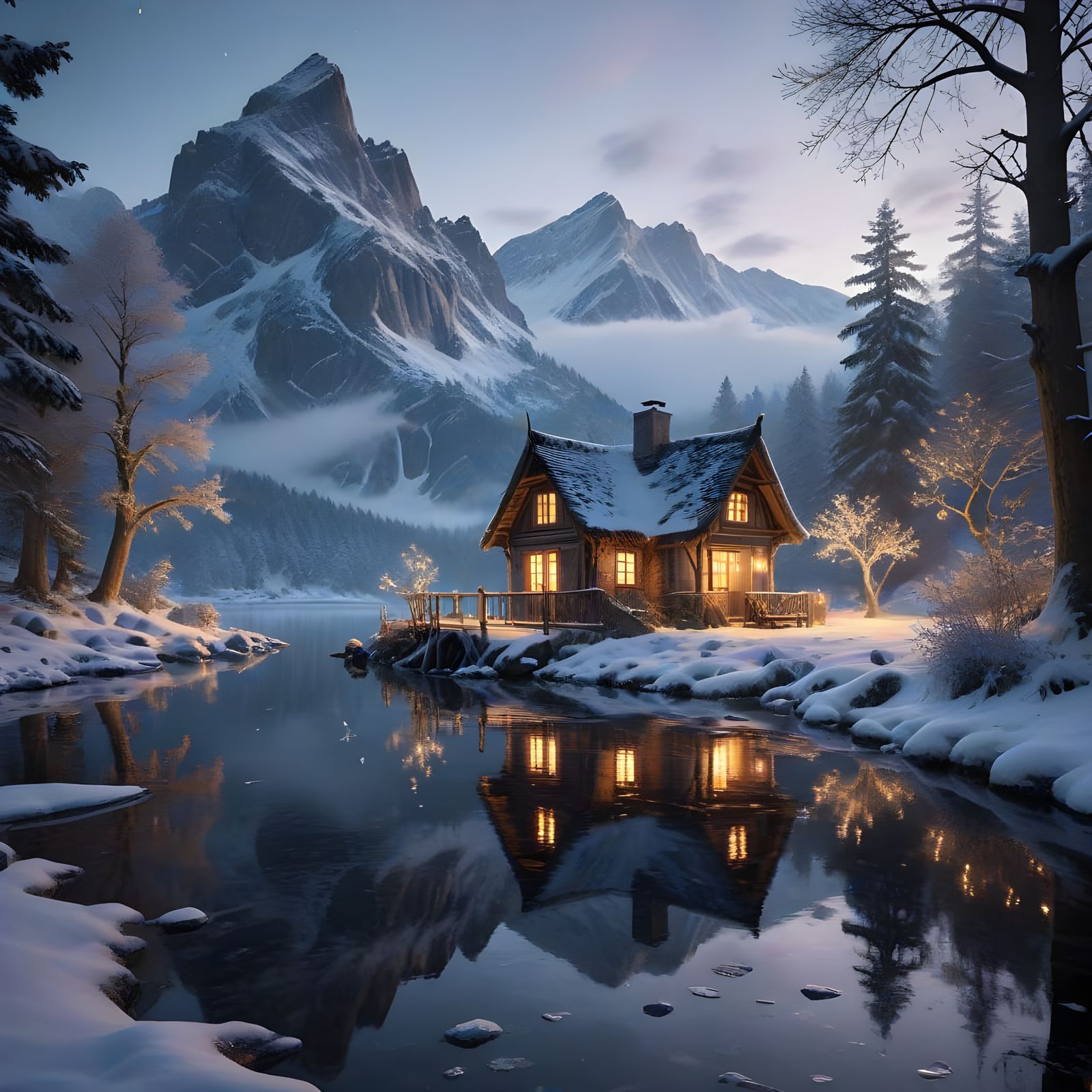 Enchanting Winter Wonderland Cottage on Frozen Lake