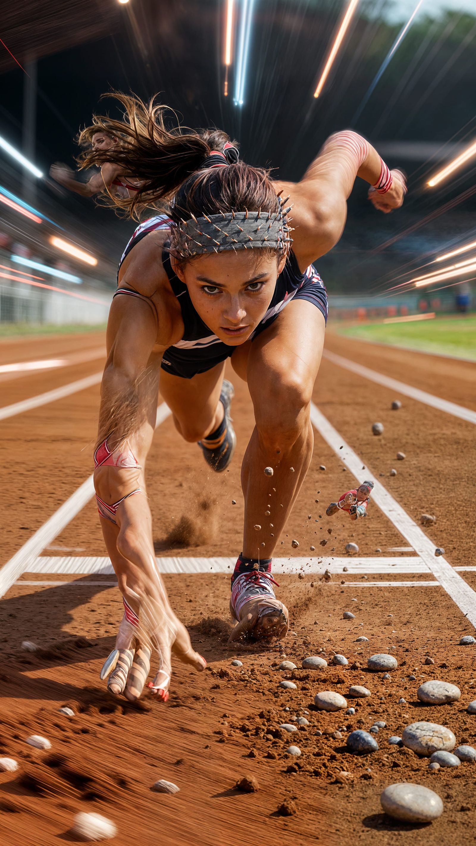 Female Athlete Lunges Forward in Photorealistic Track Sprint