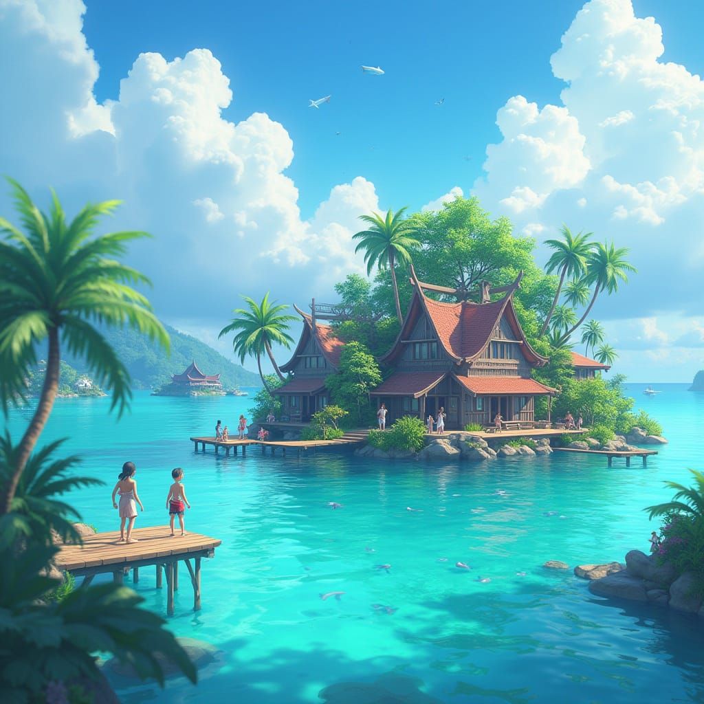 Turquoise Village on Stilts: 3D Anime Art