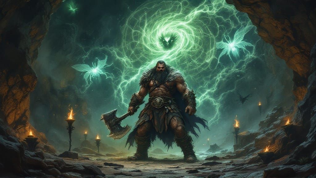 Dark Fantasy Warrior Confronts Malevolent Sorcerer in Cave L...