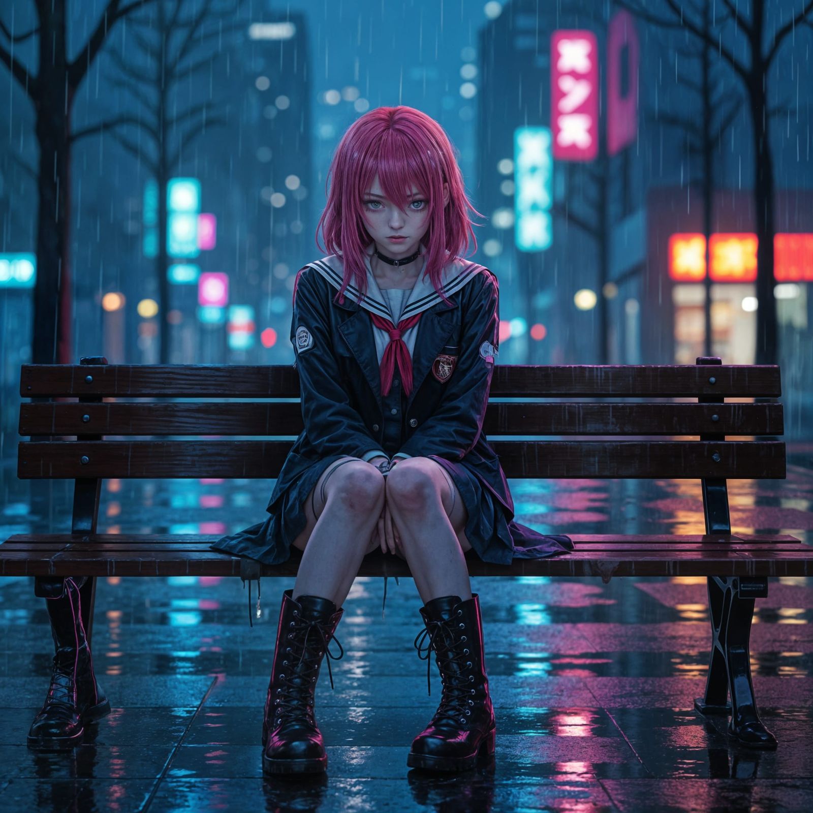 Pink-Haired Emo Girl in Rainy Cityscape: Anime-Inspired Art