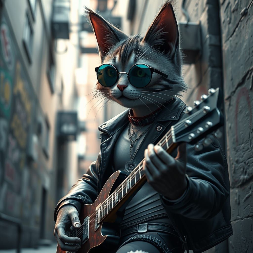 Punk Cat Guitarist in Gritty Anime Style