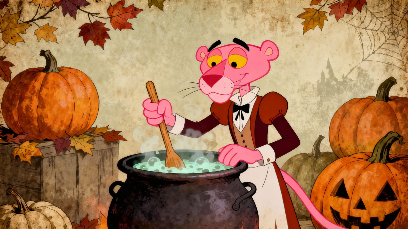 Vintage Pink Panther Stirring Halloween Cauldron