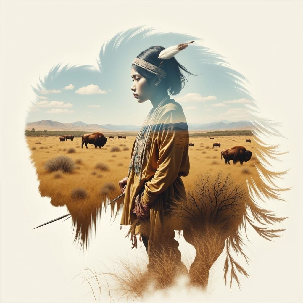 Double Exposure Sketch: Prairie, Bison, and Kainai Portrait