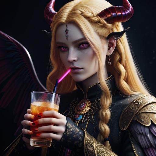 Gorgeous demon 
Long blonde braids 
Devil horns wings 
Beaut...