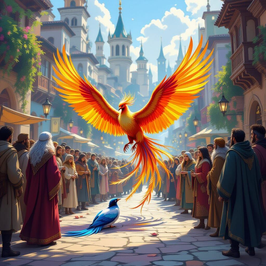 Majestic Phoenix Helps Injured Bird in Fantasy City Square