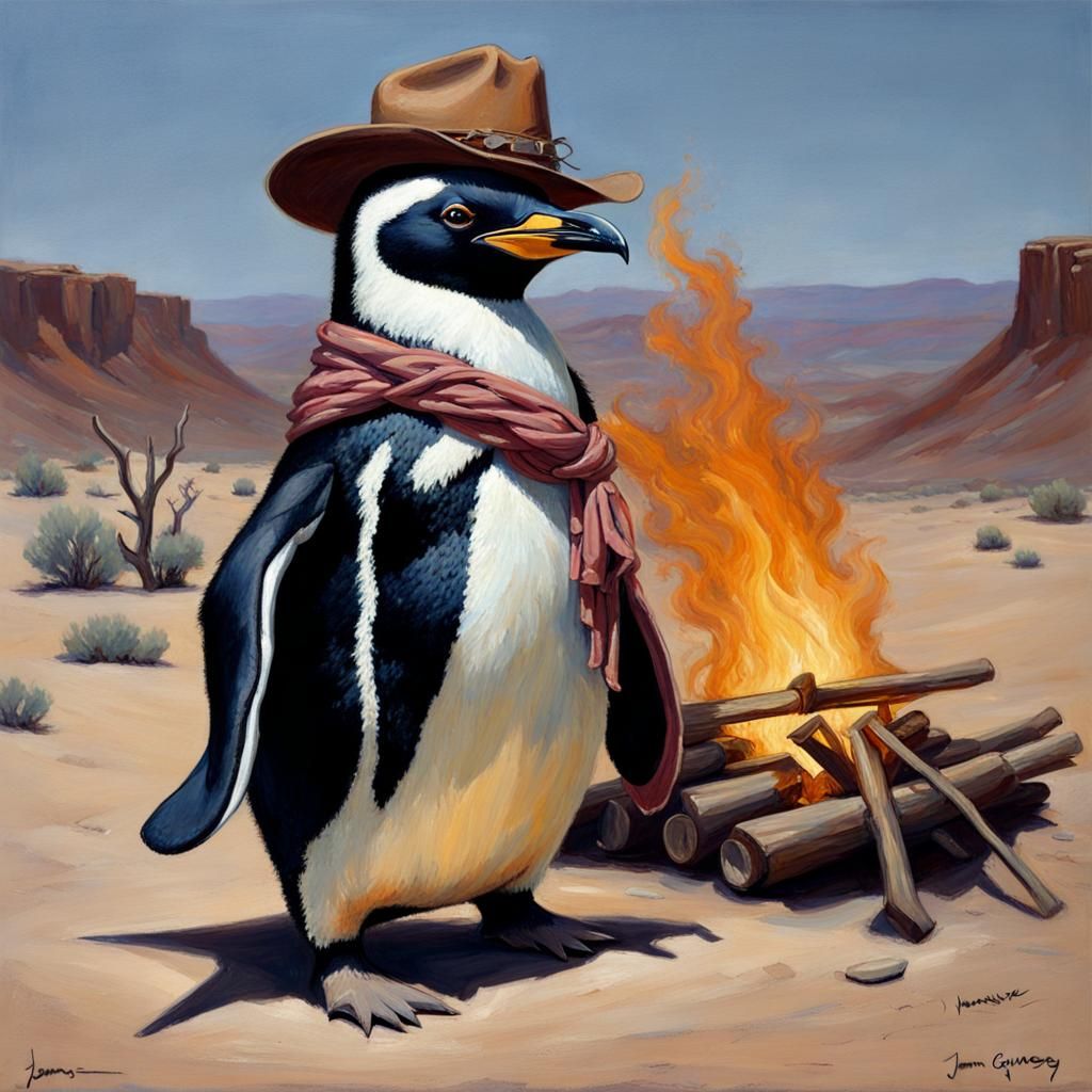 Penguin Cowboy at Desert Campfire as Oil Painting