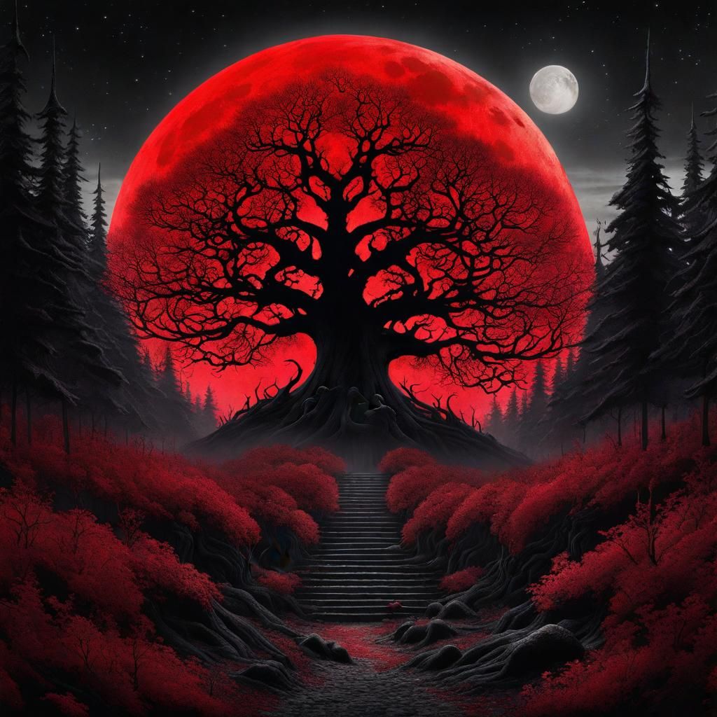 Eldritch Gothic Forest with Red Moon, Digital Art