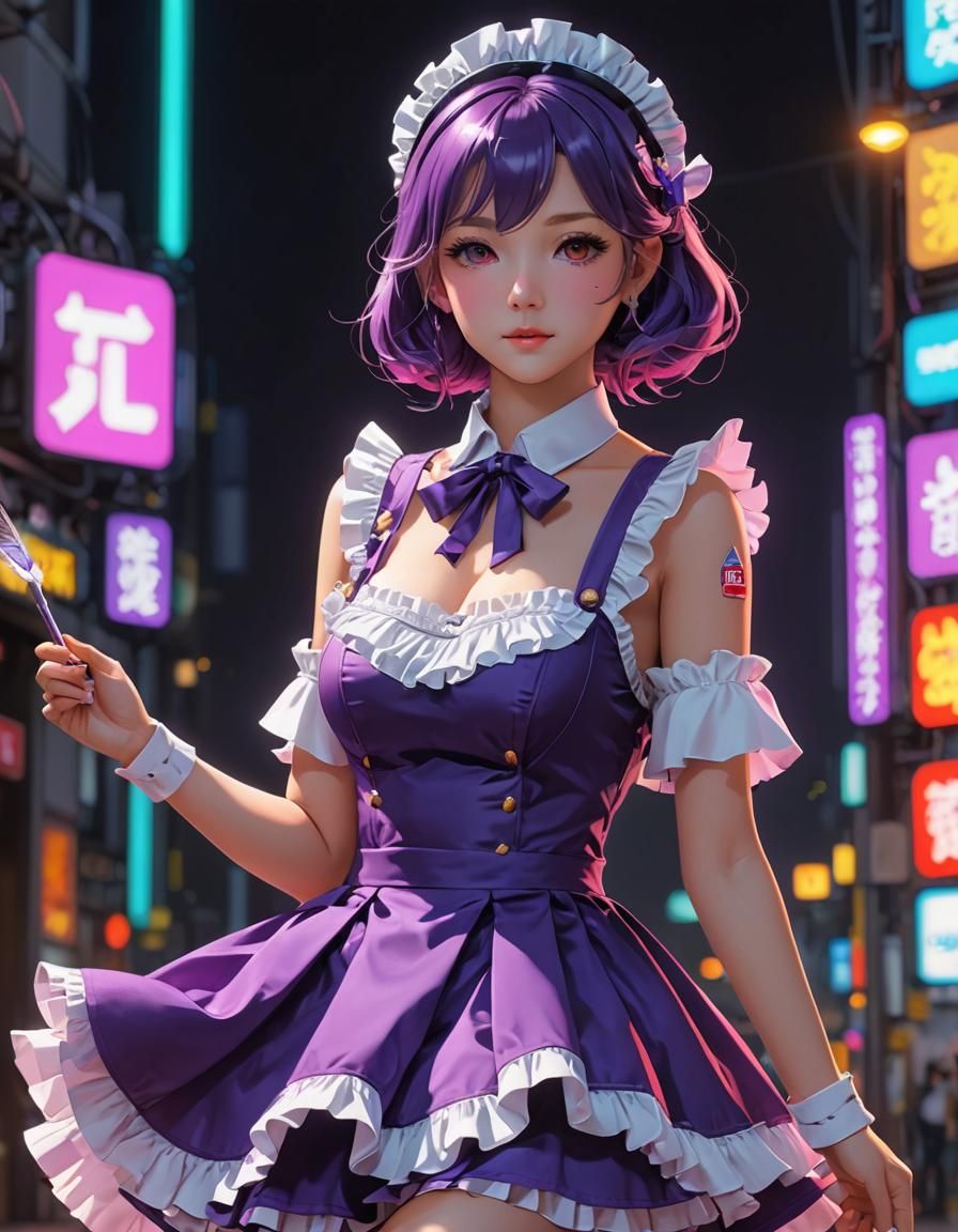 Purple Maid Dress in 3D Anime Art Style