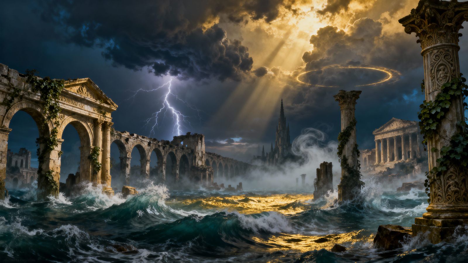 Biblical City Submerged in Ocean Waves