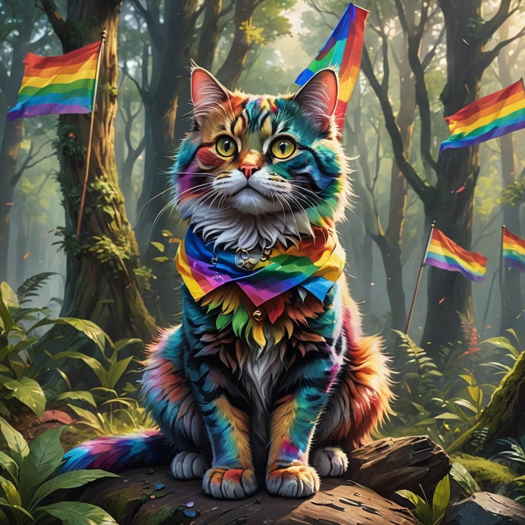 Rainbow Pride Cat in Colorful Forest