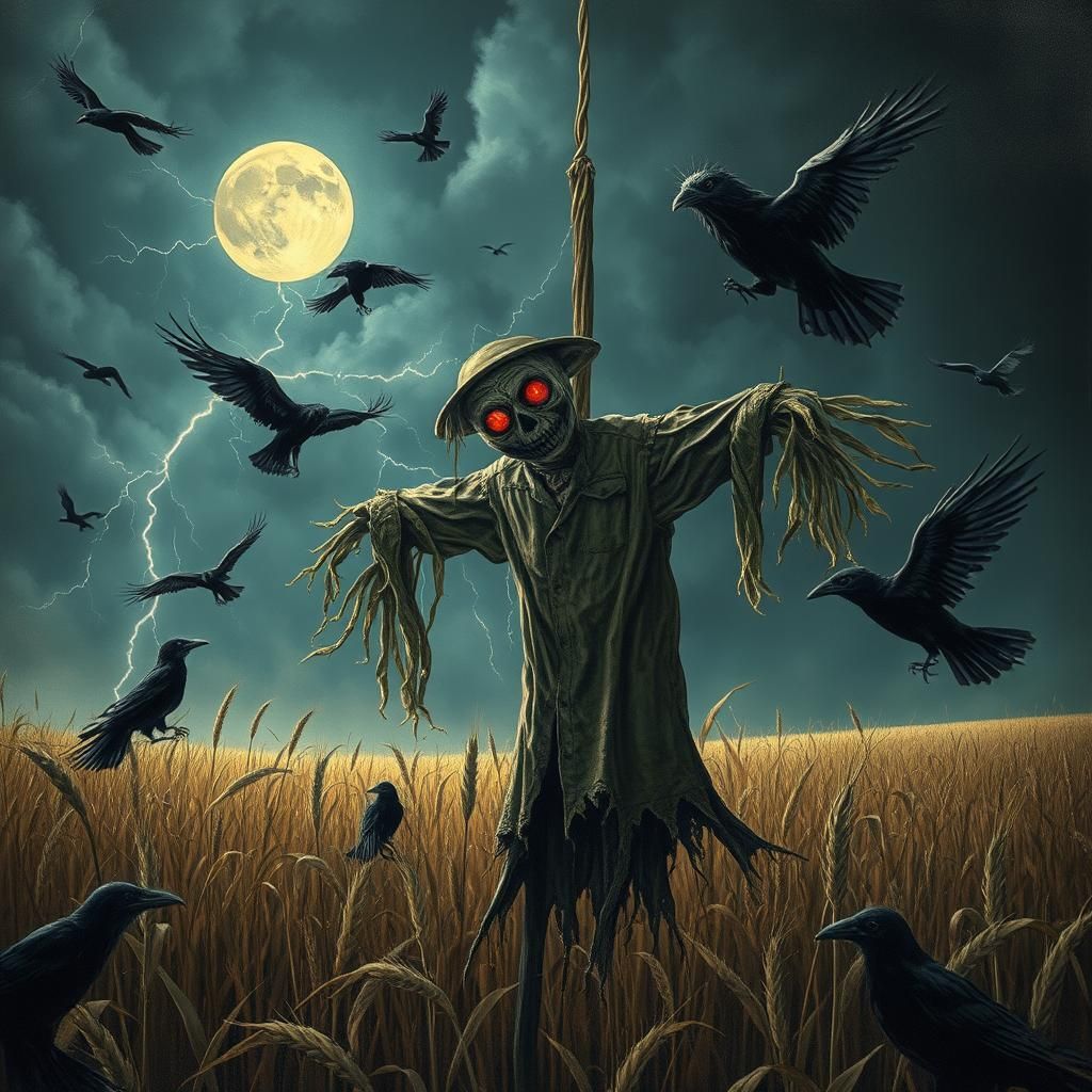 Ominous Scarecrow in Wheat Field at Night