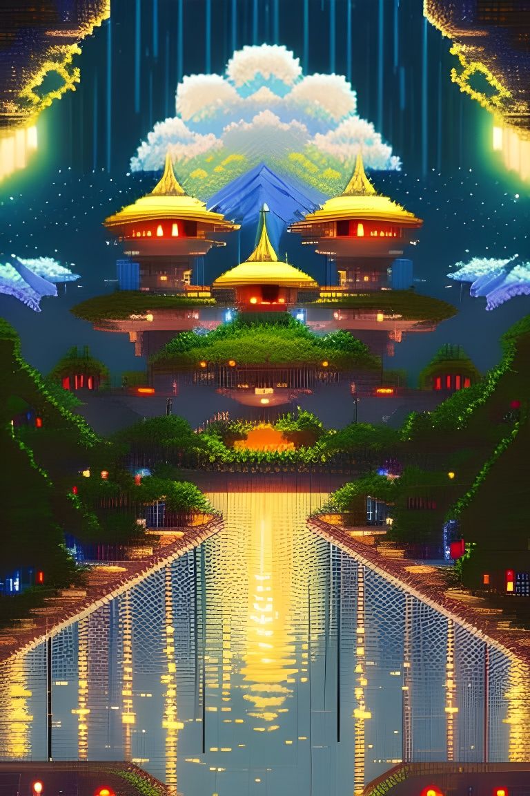 Splash screen, night mountainscapes with city at the bottom, big moon, nocturne, clouds, volumetric lighting, 8bit, pixe...