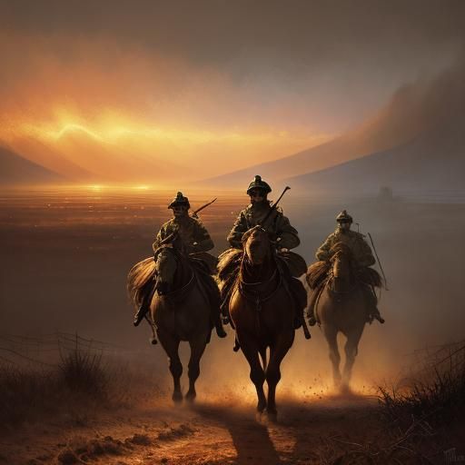 Soldiers Marching Through Desolate Landscape as Impressionis...