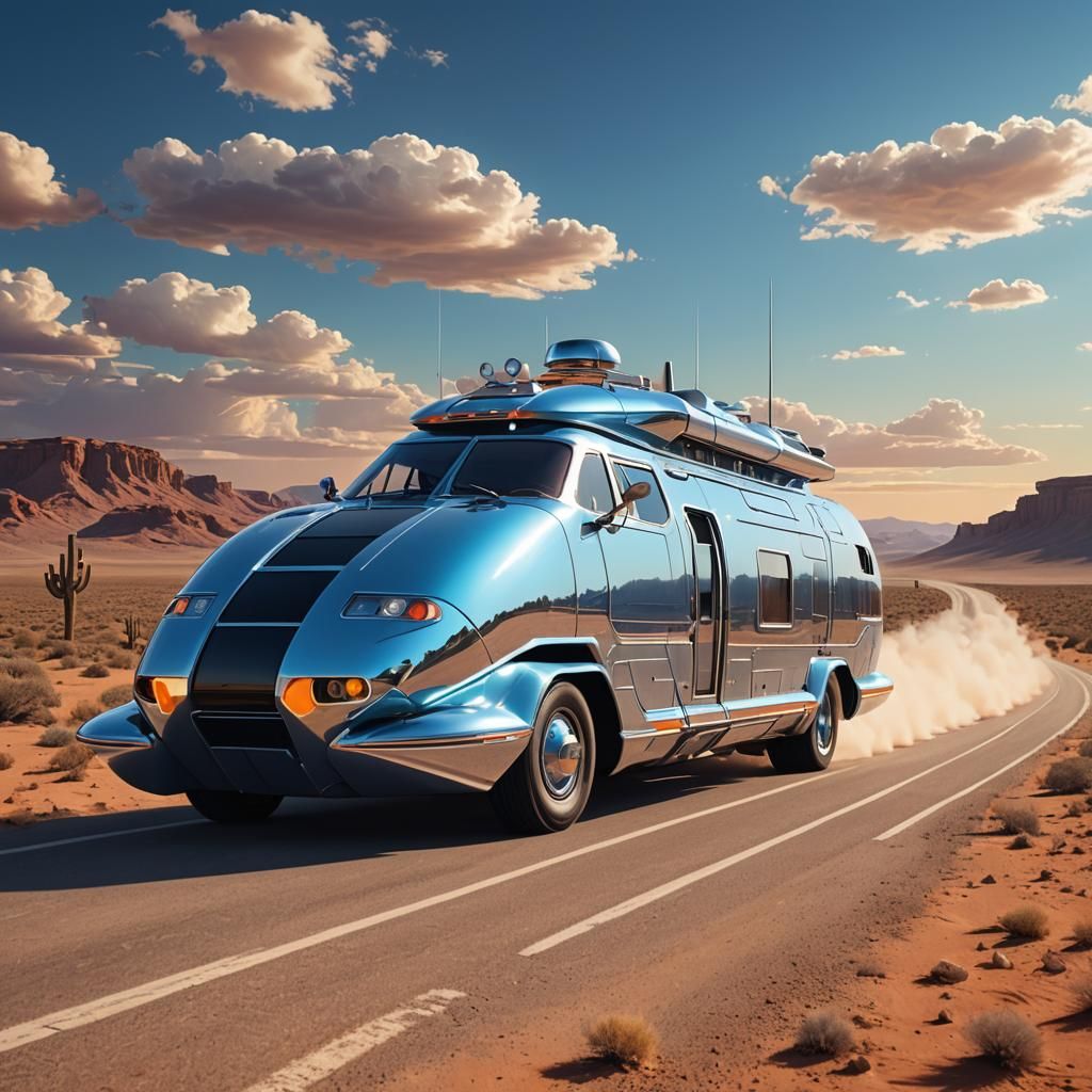 Retro-Futuristic Holiday Tank RV in Neon Noir Style