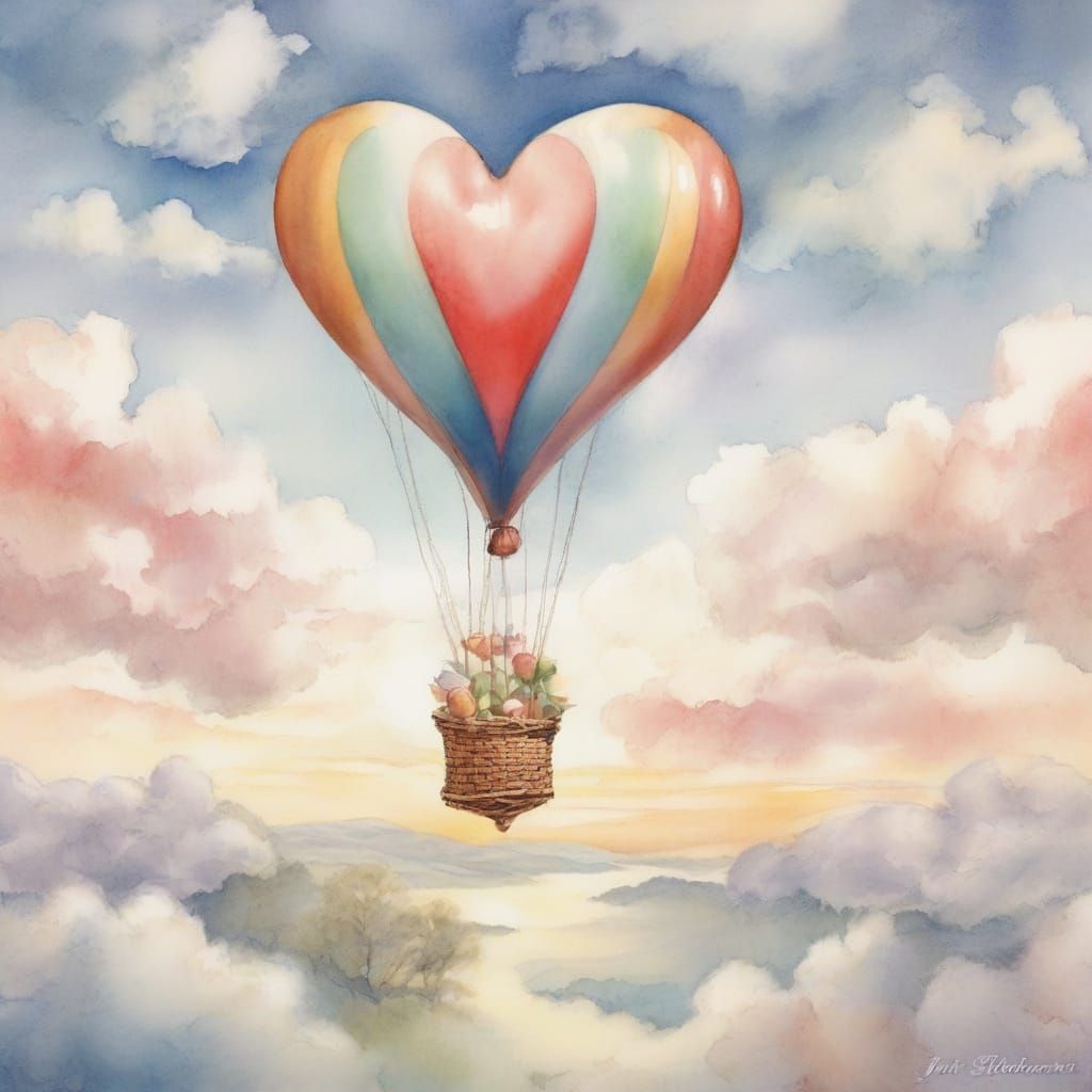 Heart Balloon in Dreamy Watercolor Landscape