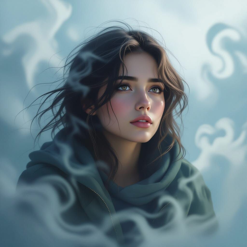 Mesmerized Woman in Swirling Mist: A Digital Portrait