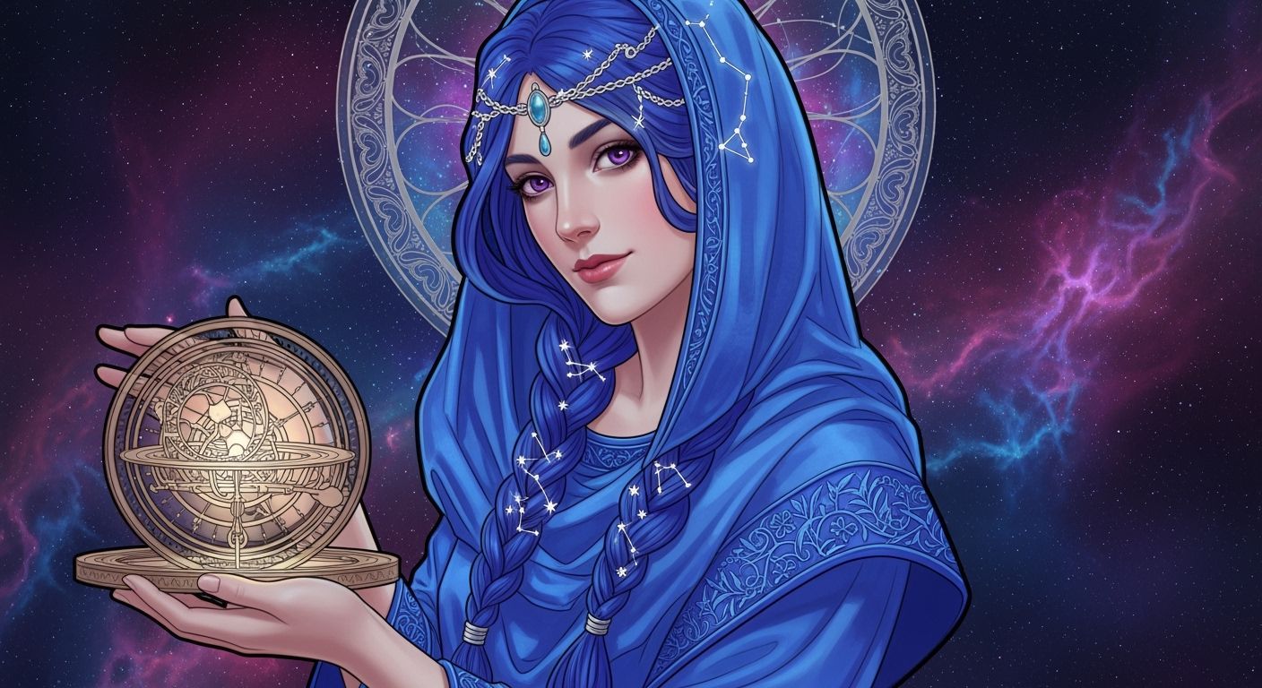 Ethereal Woman in Sapphire Robes with Astrolabe