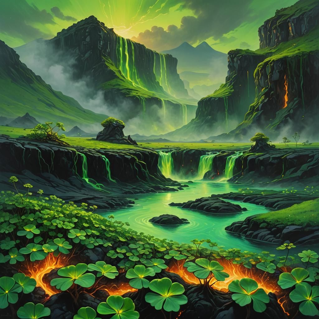 Mystical Irish Landscape with Flowing Green Lava