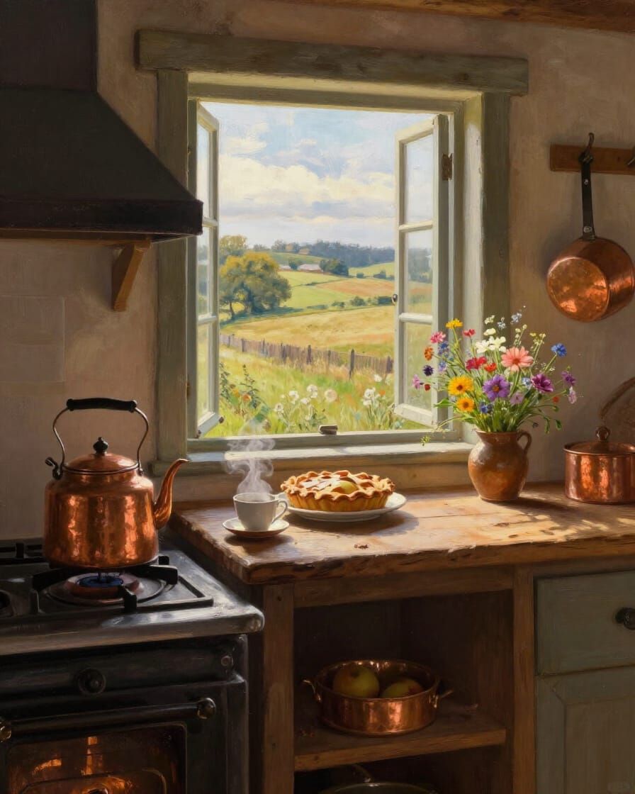 Sunlit Colonial Kitchen Overlooking Rolling Countryside