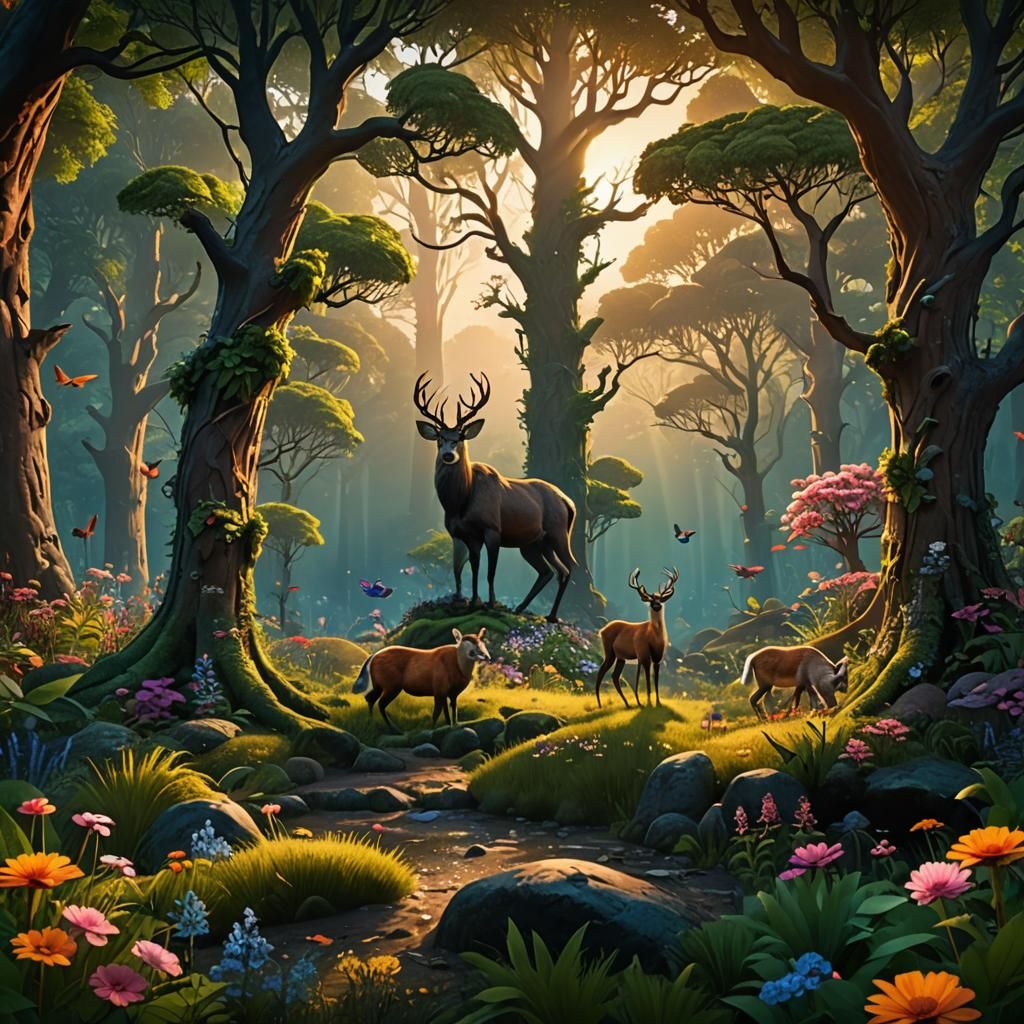 Enchanted Forest at Sunset: Detailed Matte Painting
