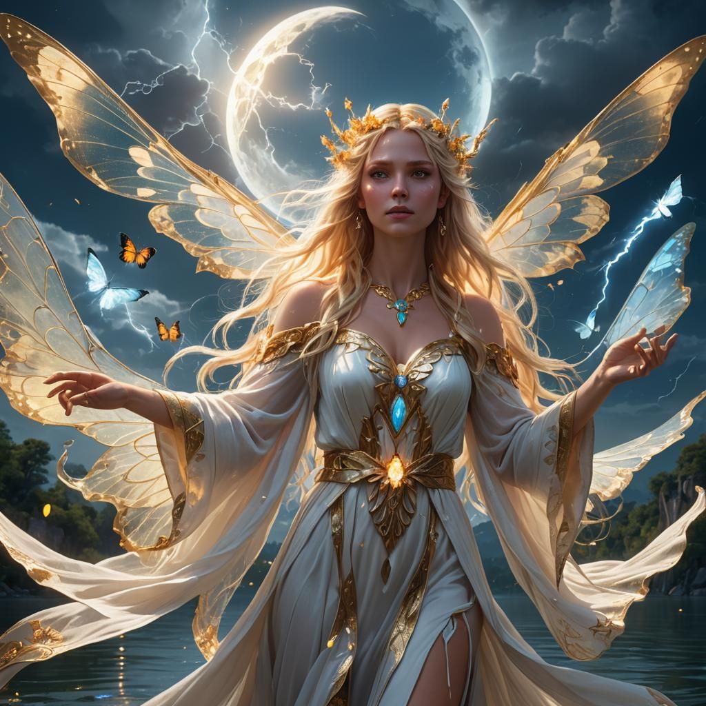 Blonde Fairy with Butterfly Wings in Mystical Landscape