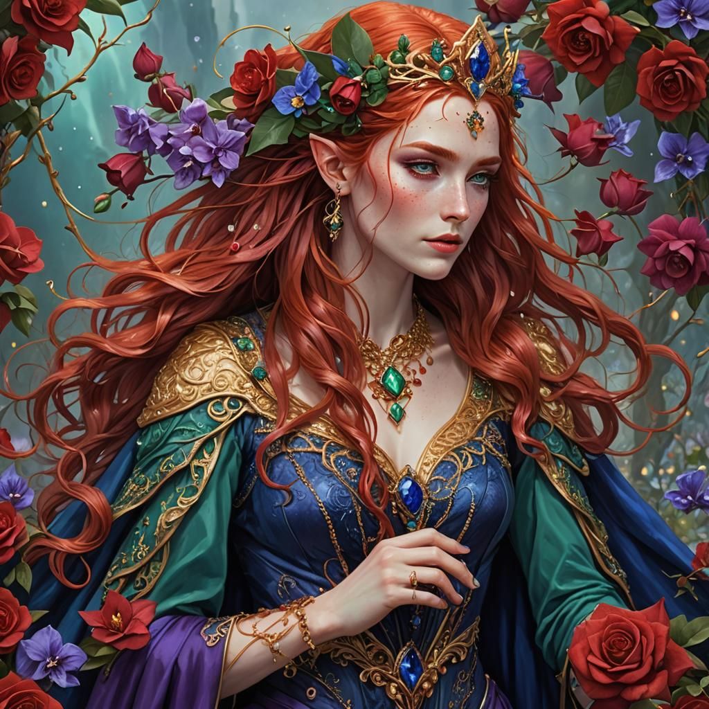 Elven Woman with Red Hair and Fantasy Castle