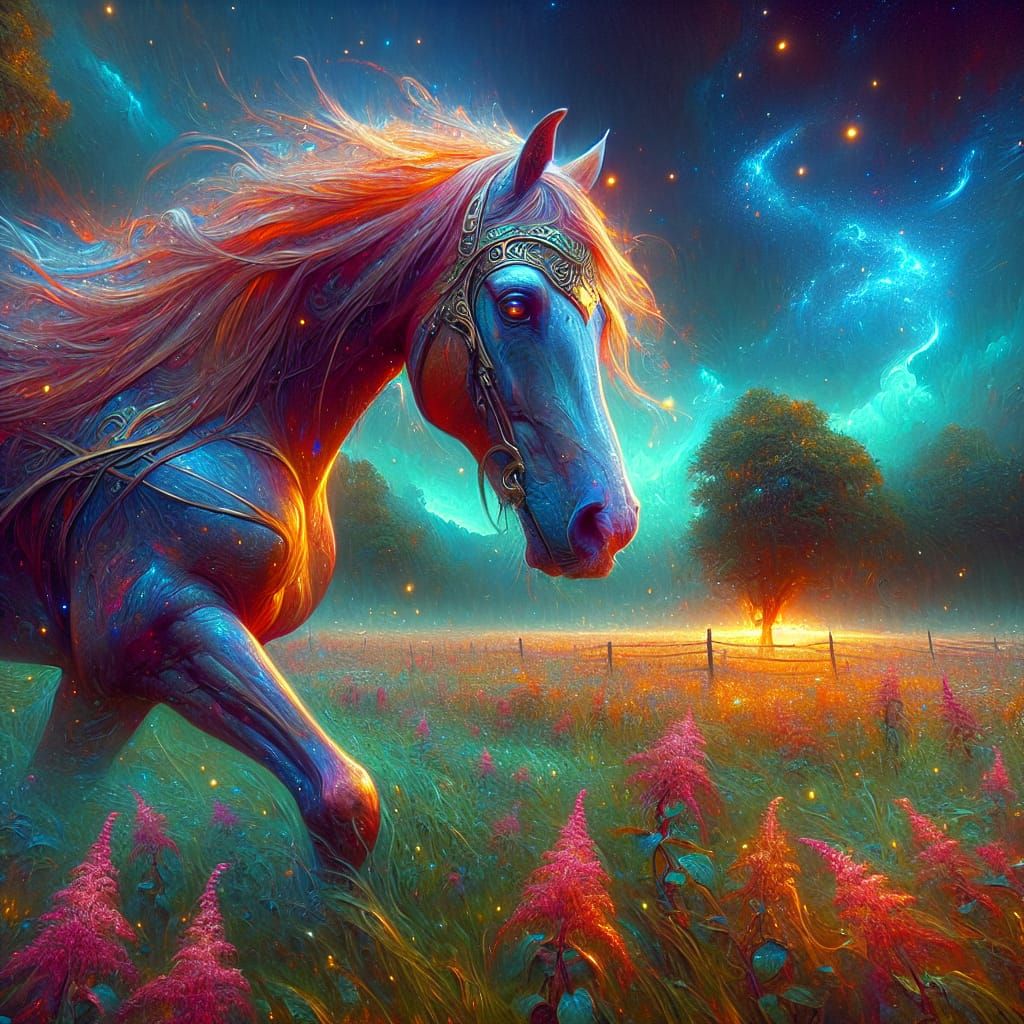 Epic Fantasy Horse in Vibrant Pasture Landscape