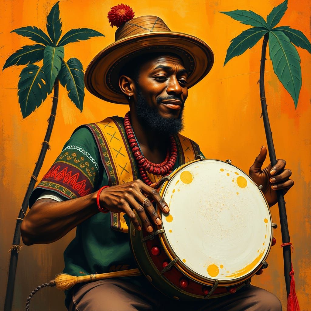 Vibrant Musician Playing Djembe in Naive Art Style
