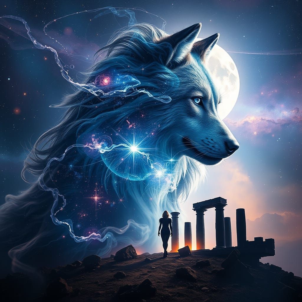 Celestial Wolf Among Cosmic Ruins
