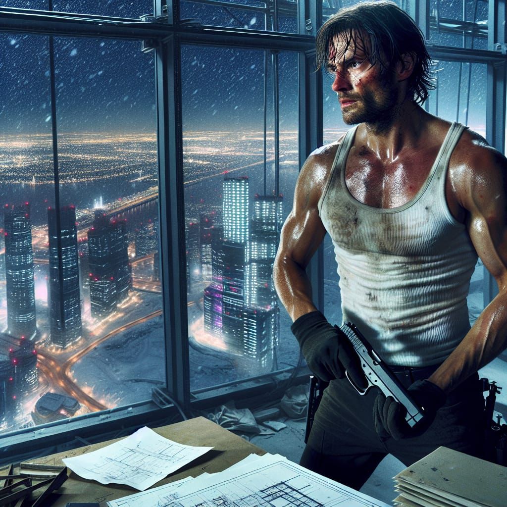 Action Hero Strategizes in Snowy Skyscraper