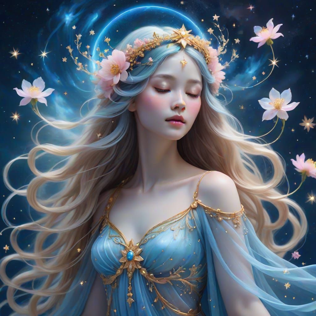 Ethereal Glowing Female Figure with Starry Background