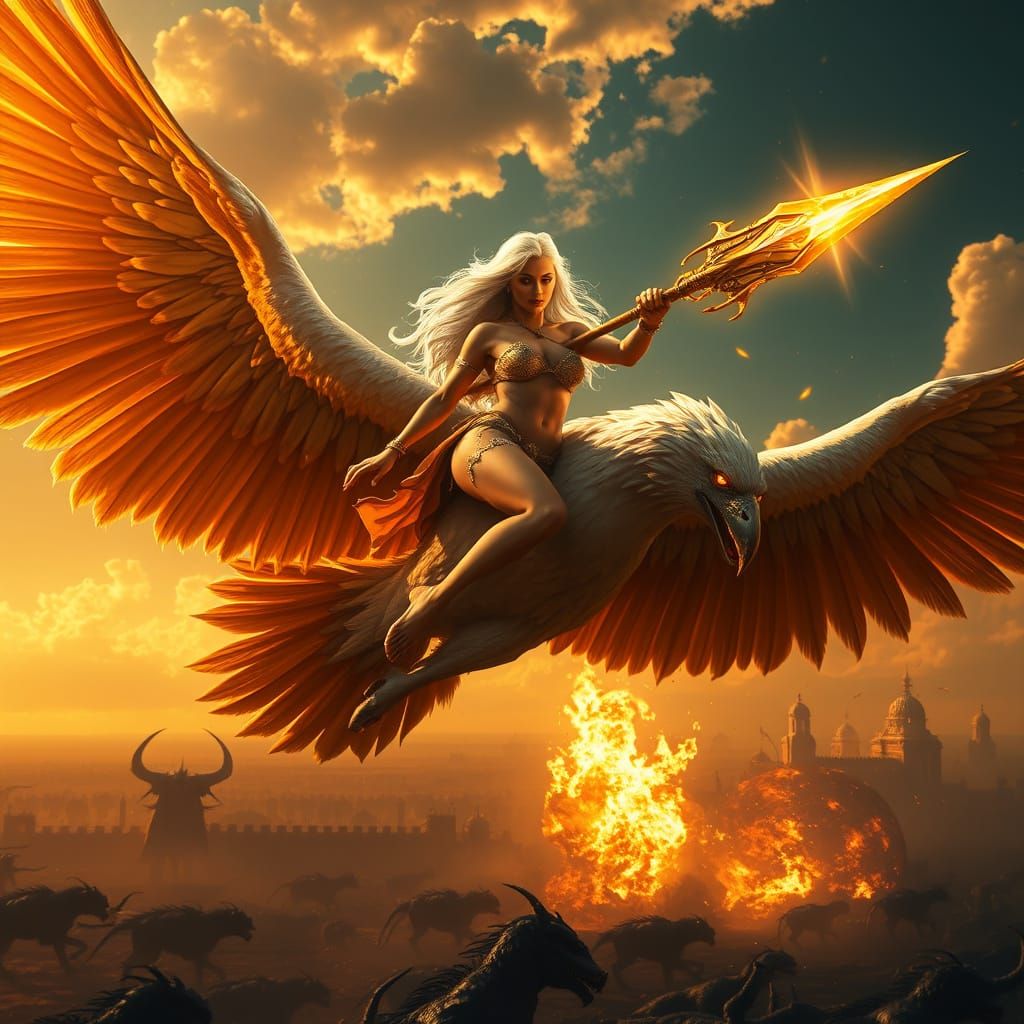 Ethereal Warrior and Griffin Descend into Golden Inferno