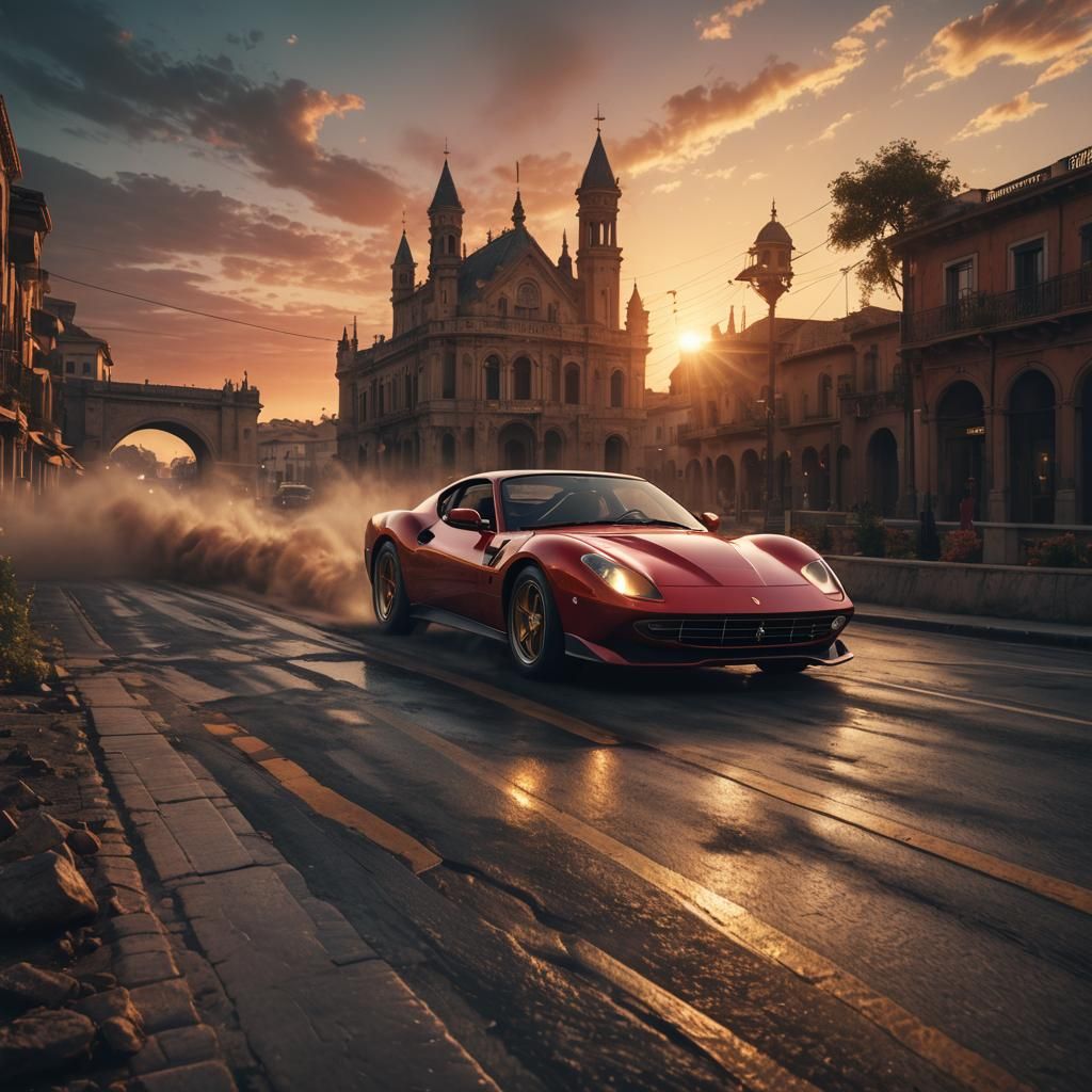 Ferrari Drives into Sunset: Detailed Matte Painting