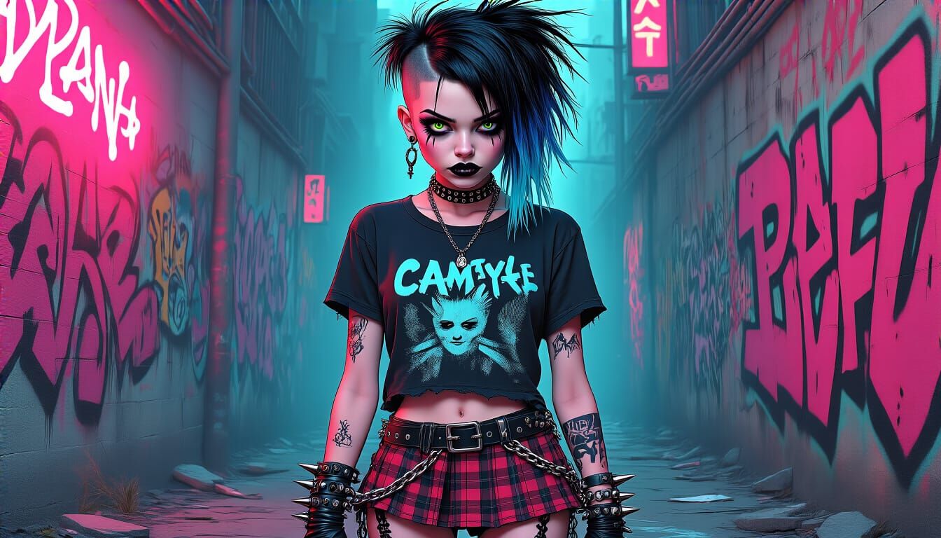 Punk Girl with Cyan Gradient Hair in Pop Surrealist Style