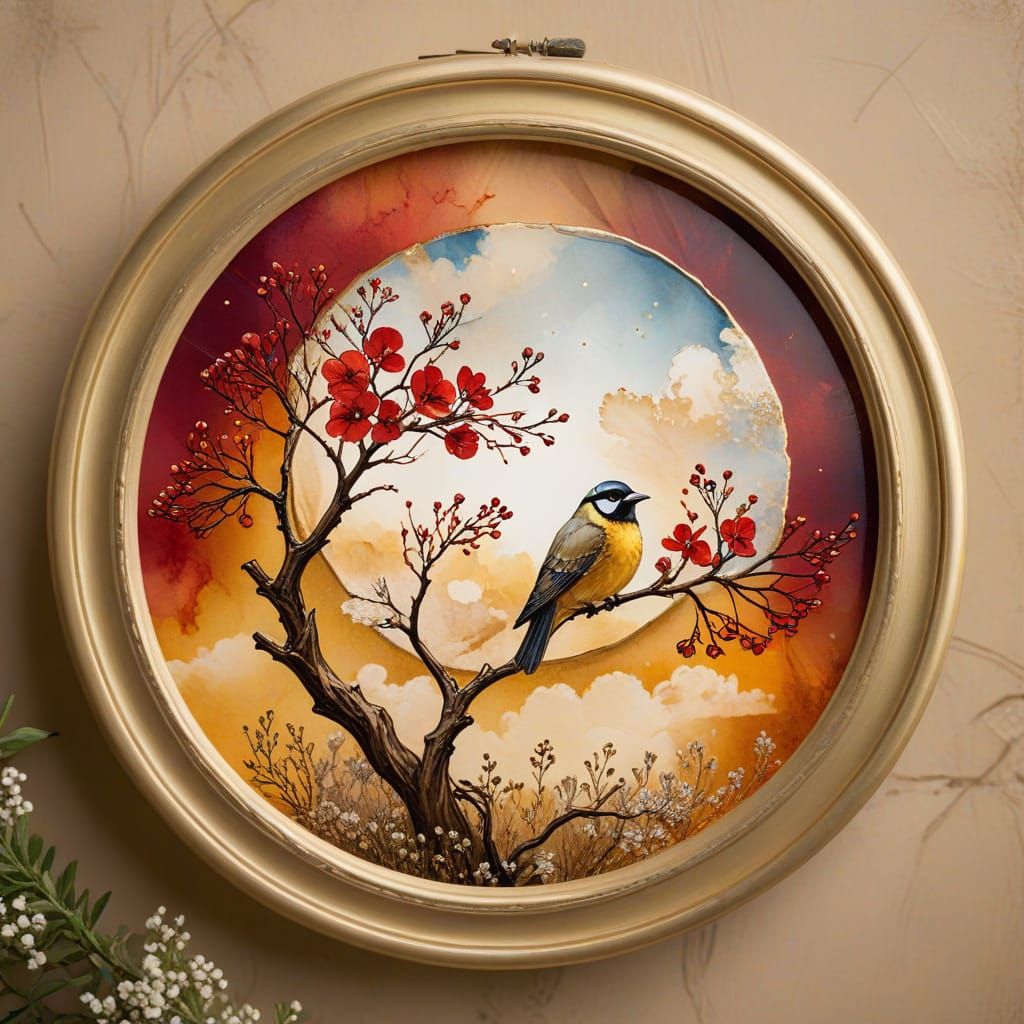 Amber Ink Circular Design with Flowers and Bird