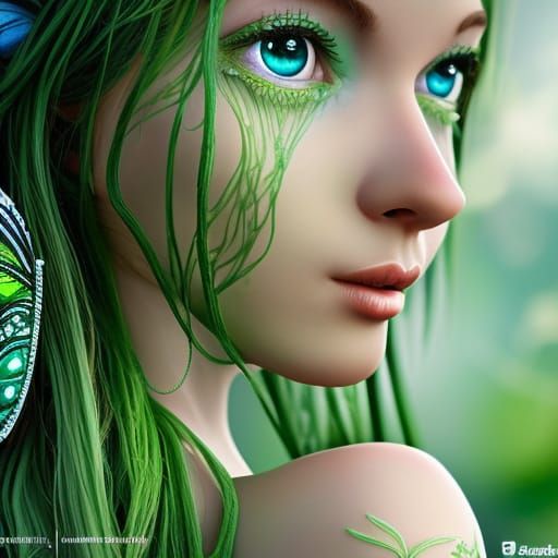Hyperrealistic Nymph in Green Fairy World