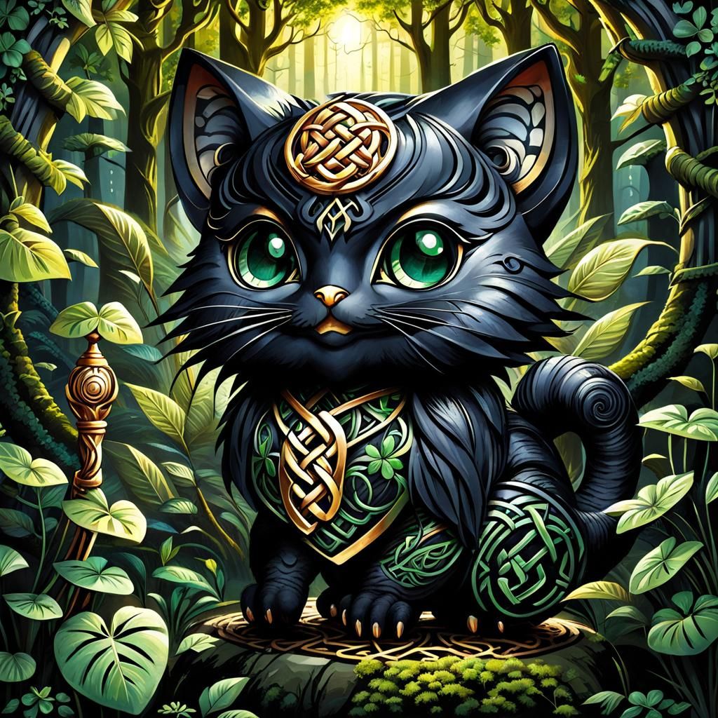 Chibi Púca in Forest with Celtic Symbols