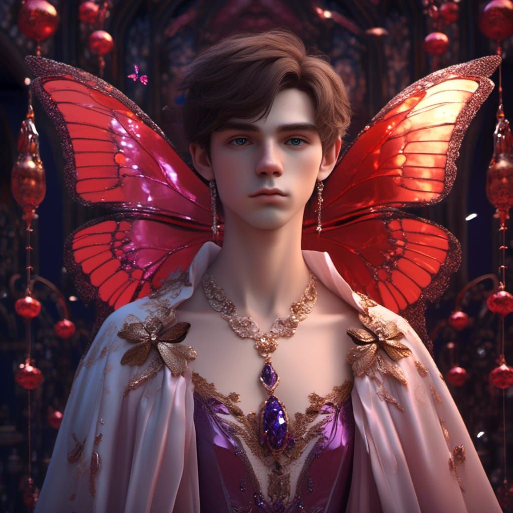 Anime-Style Young Man in Red Ballgown