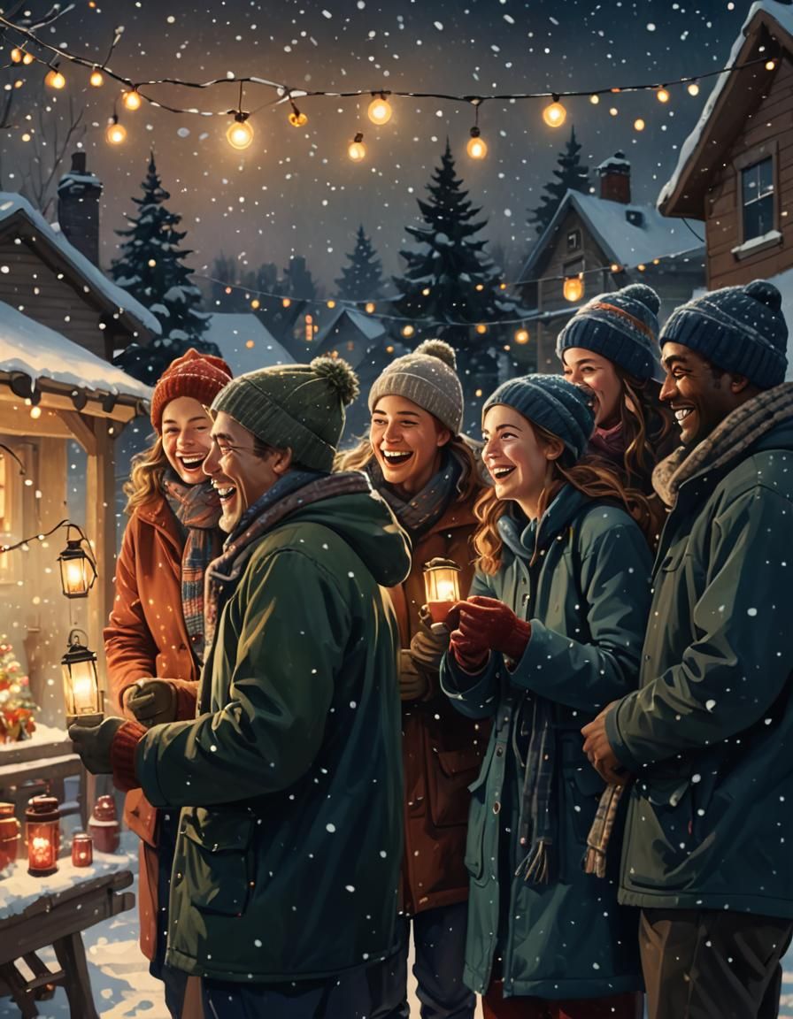 Joyful Winter Night Party in Oil Painting Style