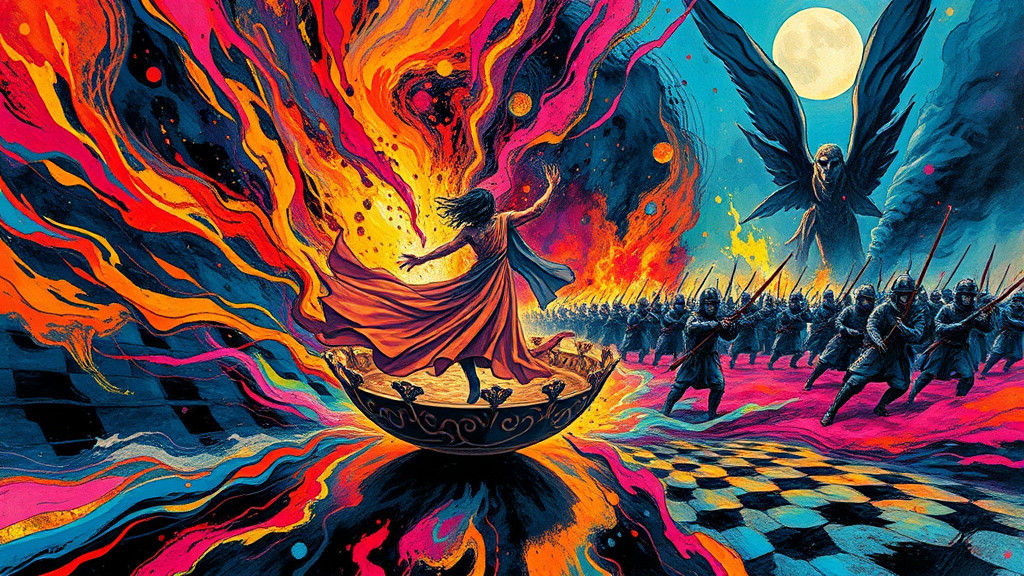 Dynamic Dance in Fluorescent Impasto Heavy Metal Style