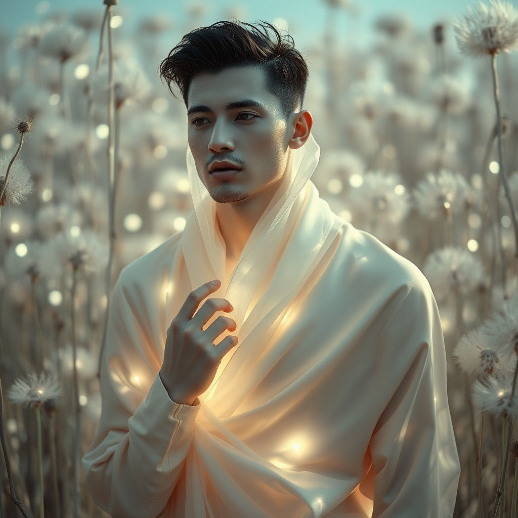 Ethereal Man in Dandelion Dreamscape, Infrared Portrait
