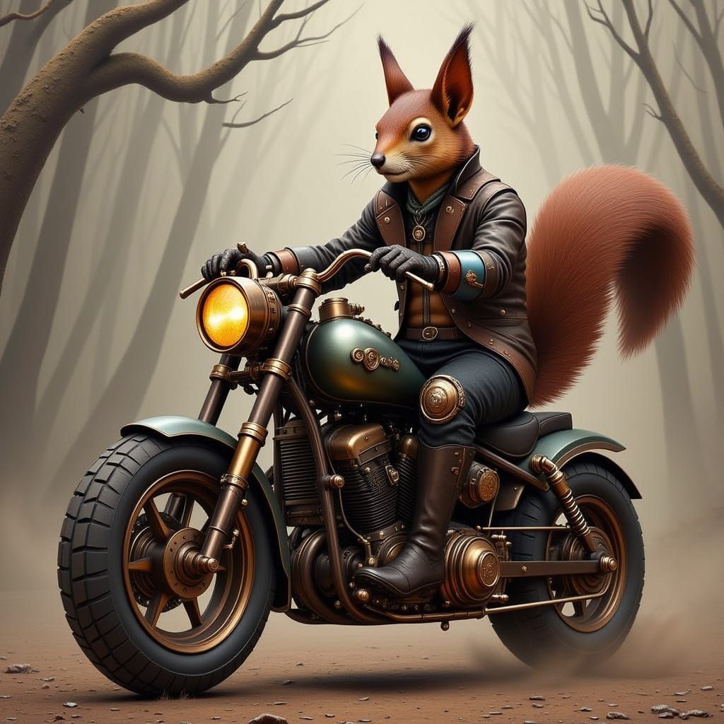 Squirrel Rides a Vintage Steampunk Motorcycle