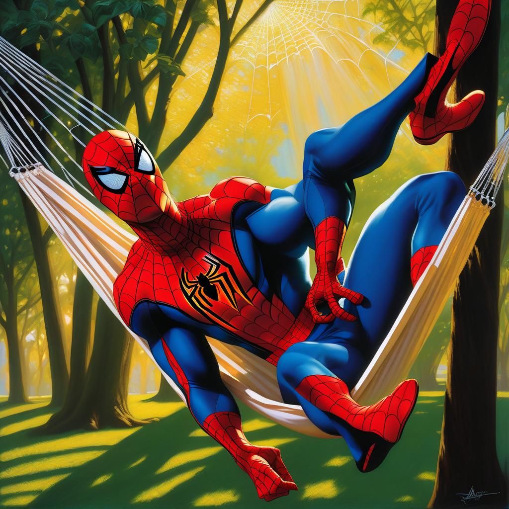Spider-Man Relaxing on Spiderweb Hammock, Oil Painting