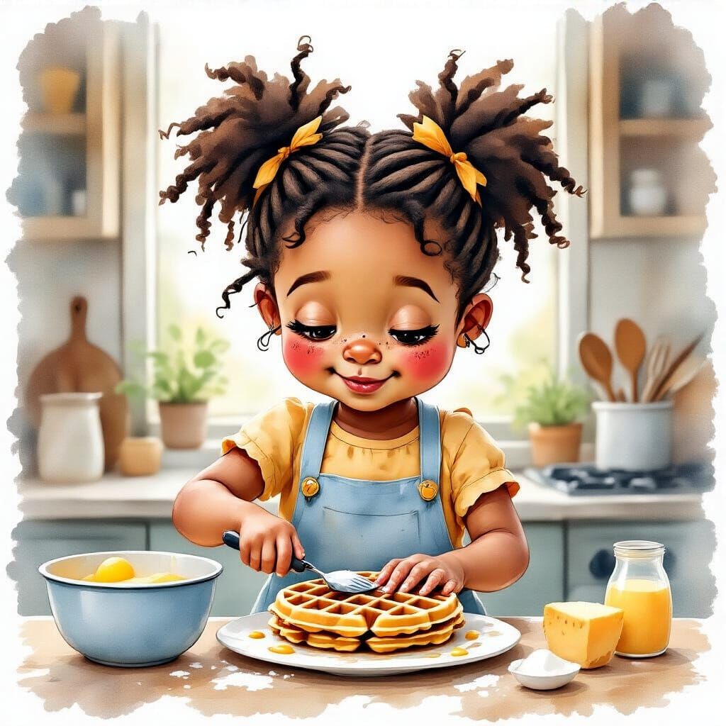 Watercolor Portrait of Girl Cooking Waffles