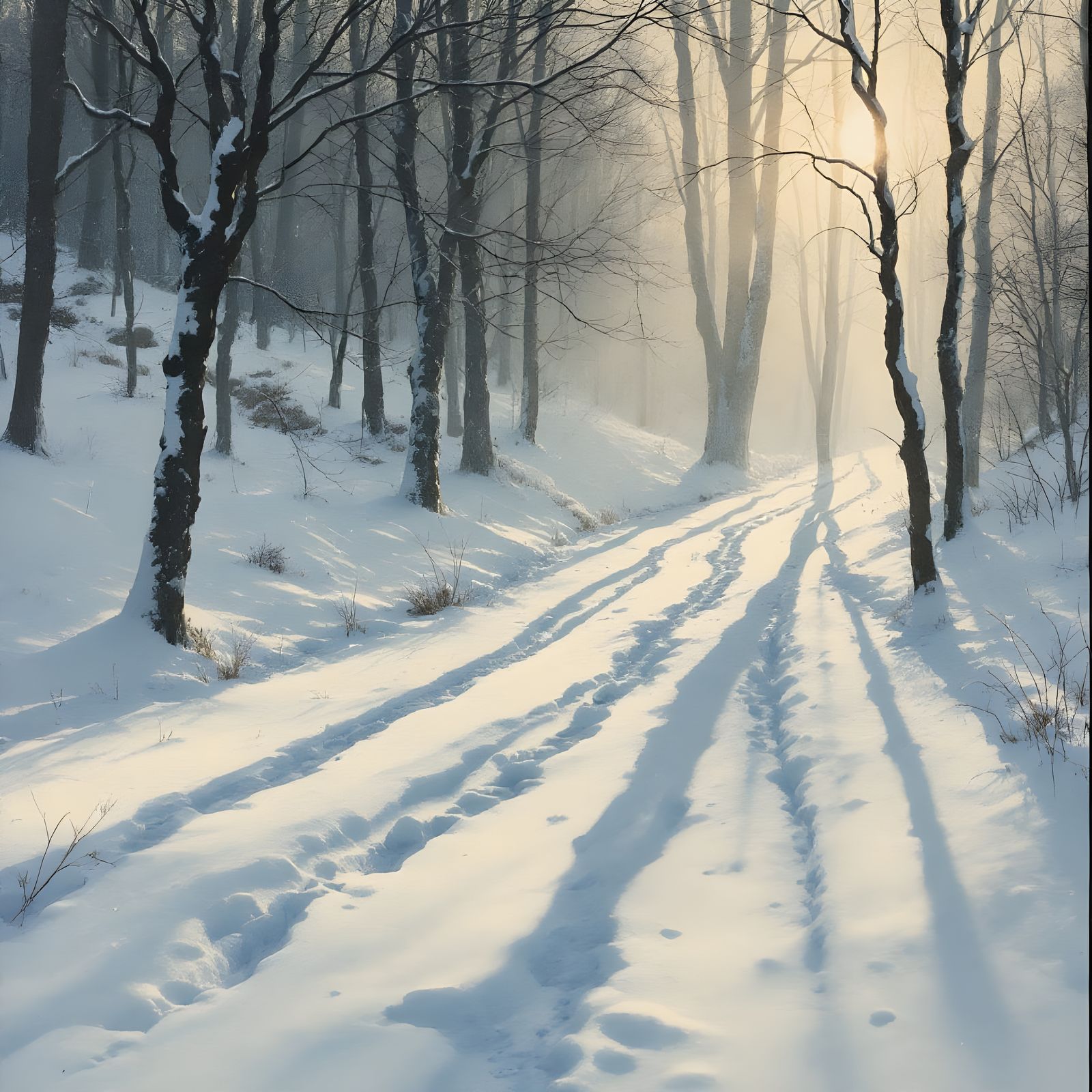 Surreal Serene Winter Landscape with Long Shadows