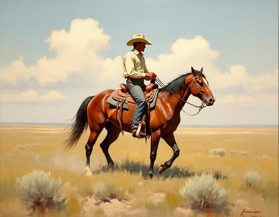 Cowboy on Horseback in Kansas, Impressionistic Oil Painting